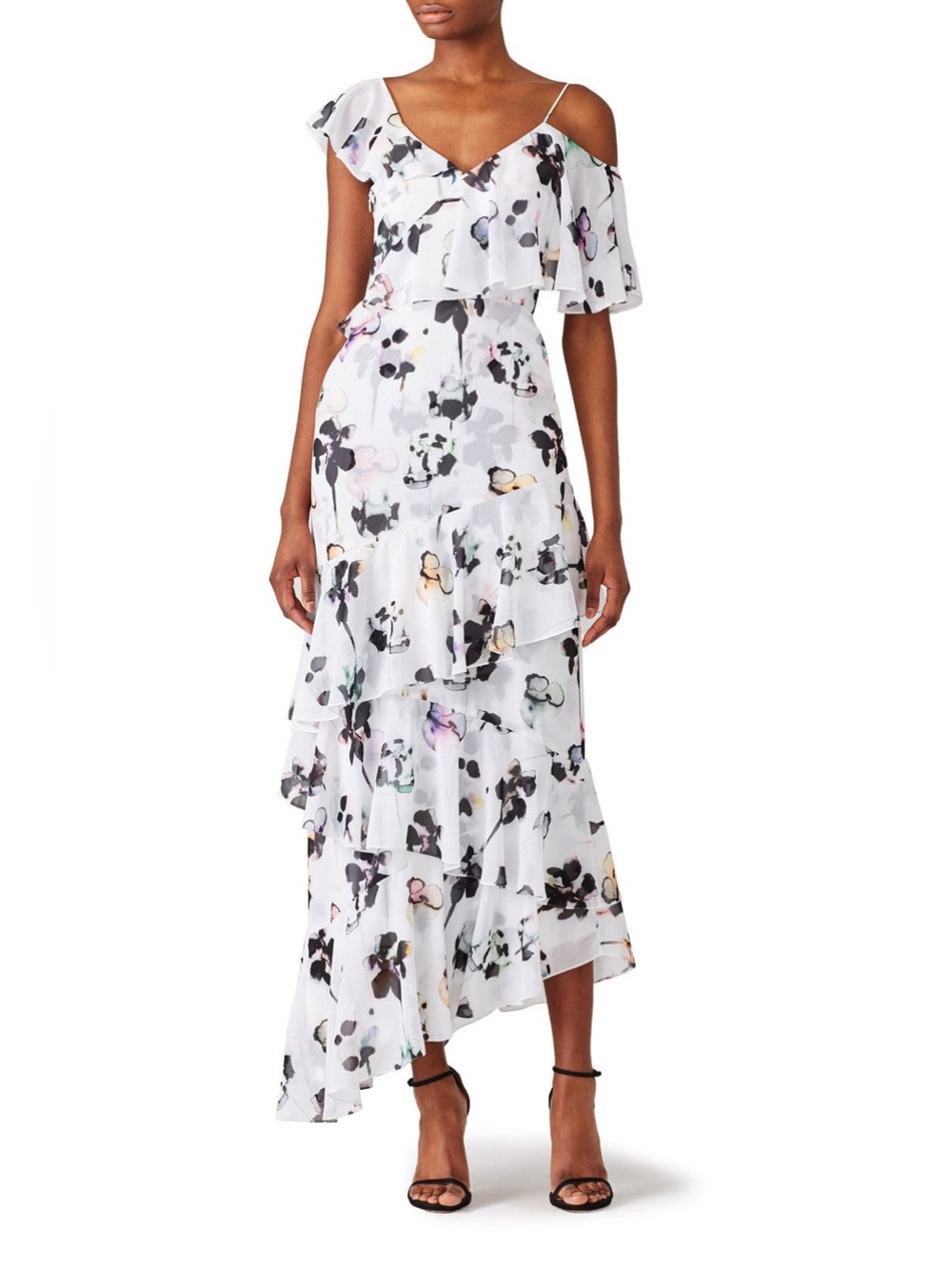 ML Monique Lhuillier White Gardenia Floral Ruffle Maxi Dress Women’s Size 2